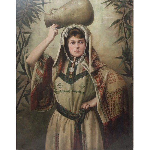 A Rare Late 19th - Early 20th. Century Oil Painting of Lady Wearing a Palestinian Traditional Clothing, A White Linen and Embroidered Headdress, From Ramallah -The Ottoman Period. Oil on canvas, unsigned, painting size (68cm x88cm).