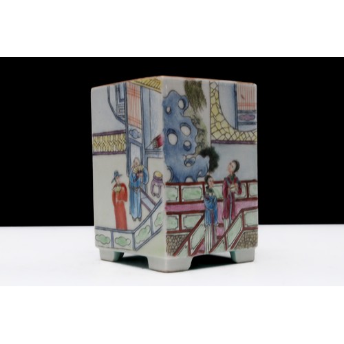 296 - A Chinese Famille Rose Square Form Porcelain Brush Pot with Six-Figure Character Marks to the Base.
... 