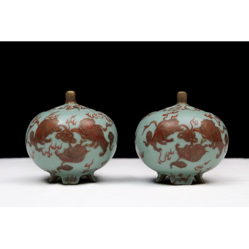 305 - A Pair of Chinese Porcelain Incense Burners Depicting Dragons with Character Marks to the Base.

H: ... 