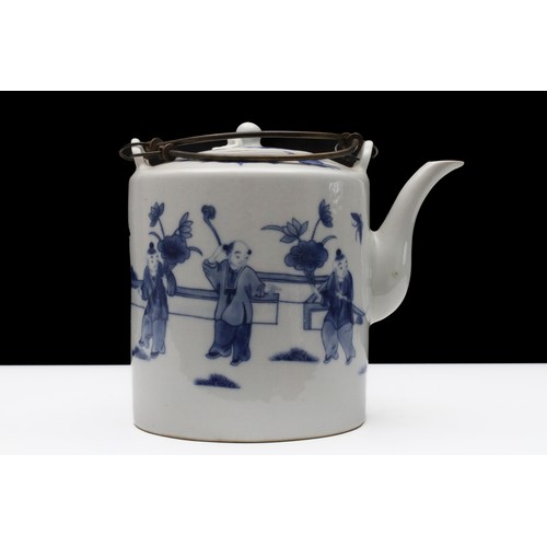 317 - A Chinese Porcelain Blue & White Tea Pot Depicting People Riding an Animal and Others Standing Holdi... 