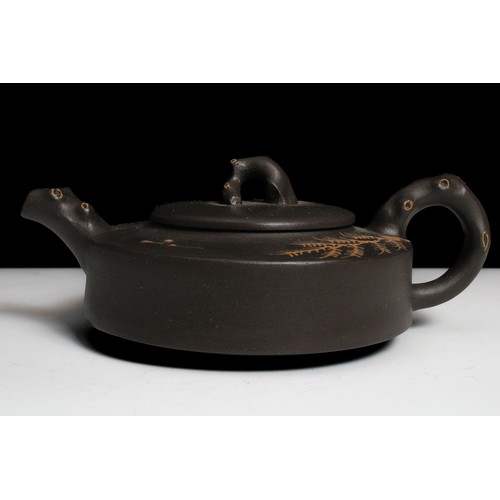 342 - A Chinese Yixing Zisha Teapot with Chinese Inscriptions and Floral Patterns with Character Marks to ... 