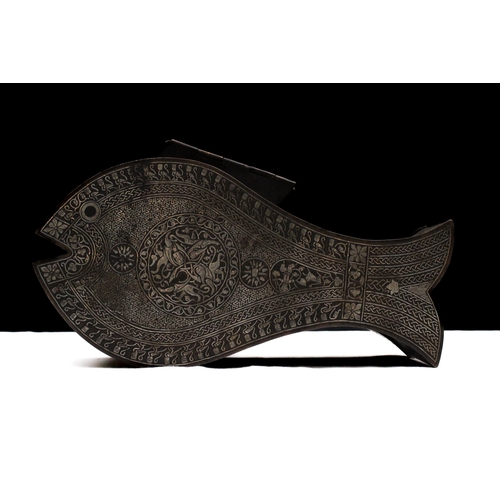 93 - An Islamic Seljuk-Style Brass Box with Silver Inlay in the Style of a Fish Decorated with Animals, P... 