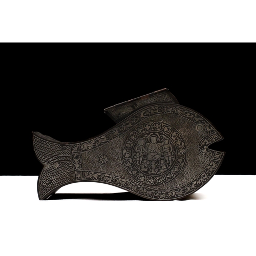 93 - An Islamic Seljuk-Style Brass Box with Silver Inlay in the Style of a Fish Decorated with Animals, P... 