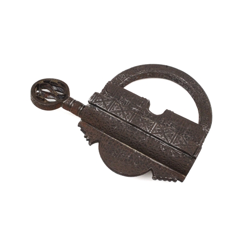 94 - A Large Islamic Iron Lock & Key with Islamic Calligraphy.

H: Approximately 14cm
L: Approximately 11... 