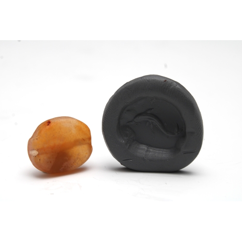 435 - A Greek Carnelian Scarab Gem Depicting a Dolphin.