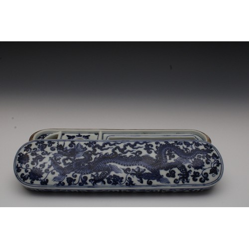 354 - A Chinese Blue & White Doucai Porcelain Pen Box Hand Painted with Dragon and Floral Designs.

H: App... 