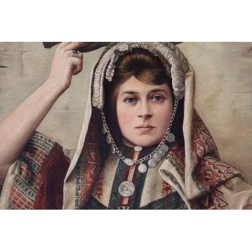 465 - A Rare Late 19th - Early 20th. Century Oil Painting of Lady Wearing a Palestinian Traditional Clothi... 