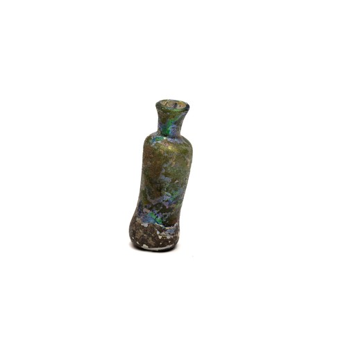 187 - An Islamic Green Glass Bottle with Lovely Rainbow Patina from the 11-12th Century.

H: Approximately... 