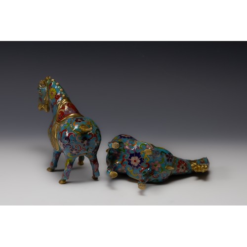 357 - A Pair of Chinese Brass Cloisonne Enamel Figures of Horses.

H: Approximately 15cm