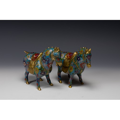 357 - A Pair of Chinese Brass Cloisonne Enamel Figures of Horses.

H: Approximately 15cm