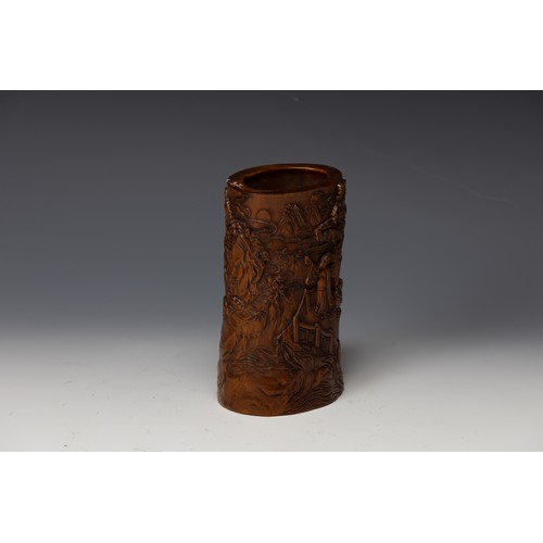 366 - A Chinese Wooden Hand Carved Brush Pot Depicting Mountains and Water.

H: Approximately 13cm