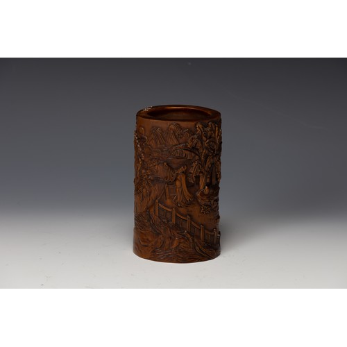 366 - A Chinese Wooden Hand Carved Brush Pot Depicting Mountains and Water.

H: Approximately 13cm