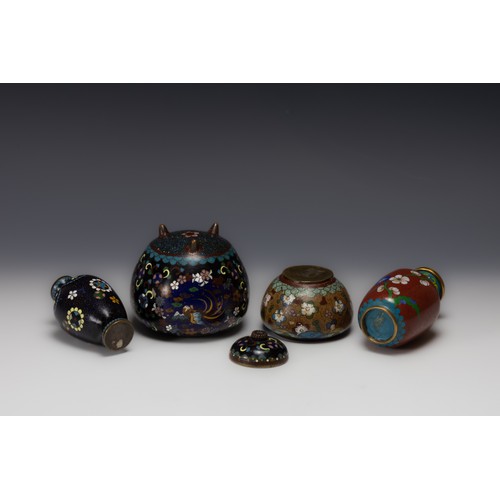 393 - A Collection of a Japanese Bronze Enamel Cloisonné Lidded Jar and Vases.

H: 5- 9.5cm