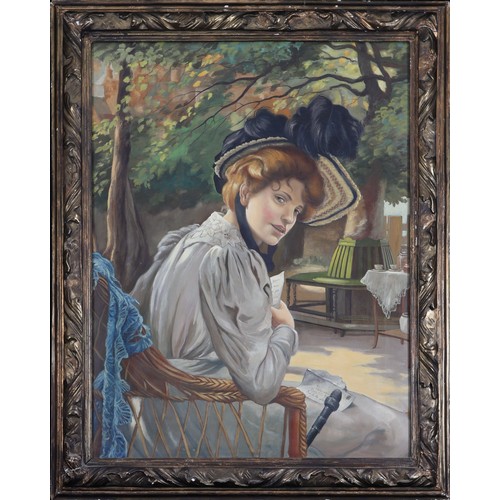 472 - French School 
Circa 1900 
A Half-Length Portrait of Lady Holding a Letter & Seated in a Garden,
Oil... 