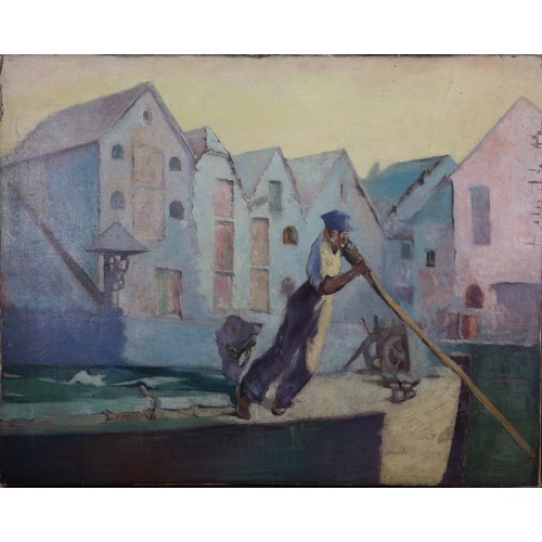 474 - Early 20th Century Dutch School
A Canal Scene with a Bargeman Working with Dutch Buildings in the Ba... 