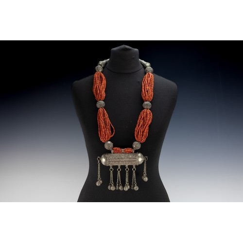 448 - A Tribal Yemeni Silver and Coral Necklace.

468g