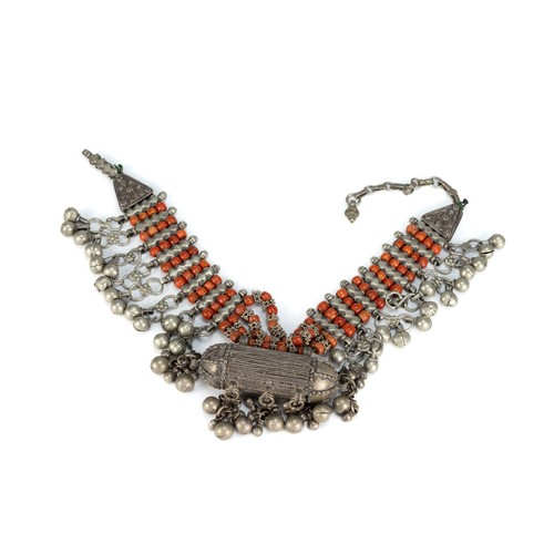 453 - A Tribal Yemeni White Metal and Coral Necklace.

168g