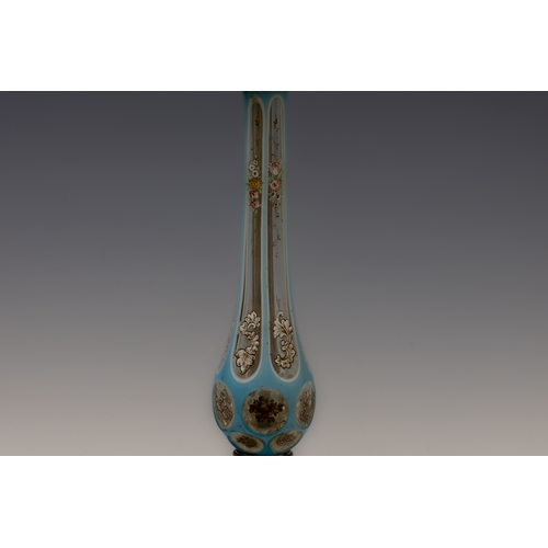 17 - An Antique Baby Blue Bohemian Glass Lamp Stand from the Mid-19th Century.

H: Approximately 61cm