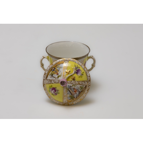 28 - A Vintage German Yellow Porcelain Sugar Pot Depicting 2 Women in a Landscape with Floral Patterns.