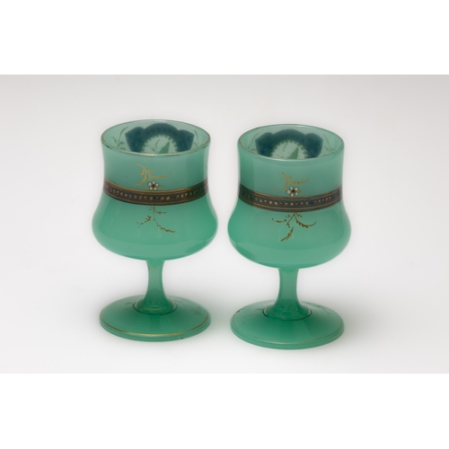 35 - A Pair of Antique Bohemian Green Uranium Glass Wine Goblets Depicting Floral Patterns from the 19th ... 