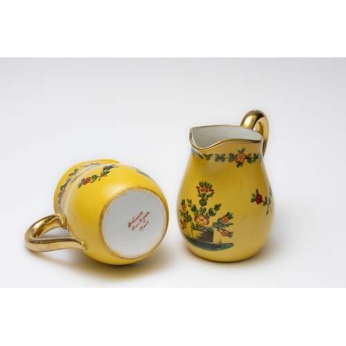 85 - A Pair of Vintage Dresden Yellow Porcelain Milk Pots Depicting Floral Patterns from Circa 1900s.

H:... 