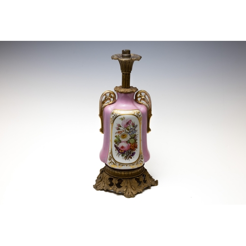 101 - An Antique French Porcelain Brass Pink Lamp Depicting Flowers from the 19th Century.

H: Approximate... 