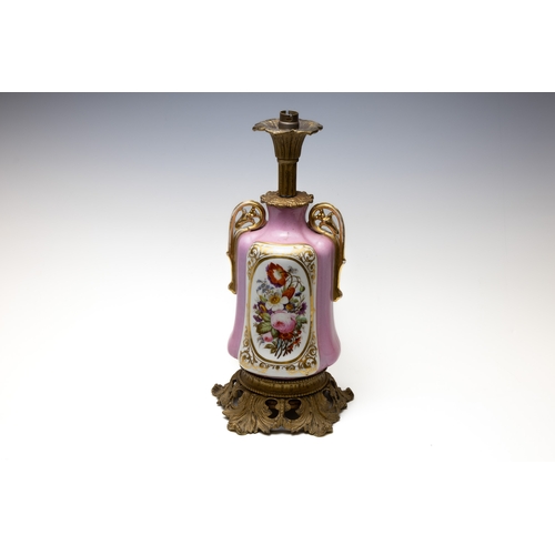 101 - An Antique French Porcelain Brass Pink Lamp Depicting Flowers from the 19th Century.

H: Approximate... 