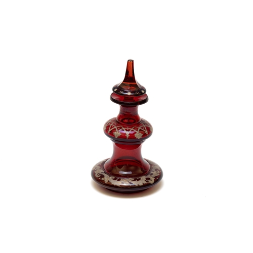 102 - An Antique Bohemian Ruby Glass & Enamel Perfume Bottle from the 19th Century

H: Approximately 16cm