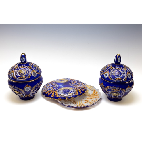 157 - A Pair of Large Bohemian Blue Glass Bombiniers with Lids and Chargers Made for the Islamic Market.

... 