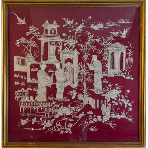 483 - A Chinese Red Framed Embroidery from the Late 19th - Early 20th Century.