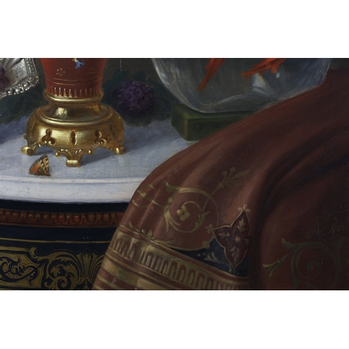 486 - A Large 19th Century Still Life Painting of a Fishbowl With Grapes Blooms and Butterflies on a Ledge... 