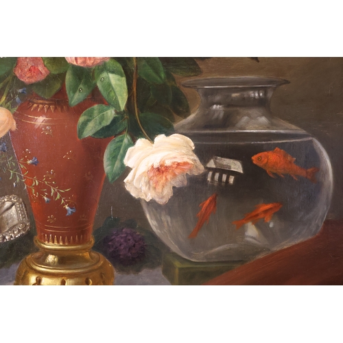 486 - A Large 19th Century Still Life Painting of a Fishbowl With Grapes Blooms and Butterflies on a Ledge... 