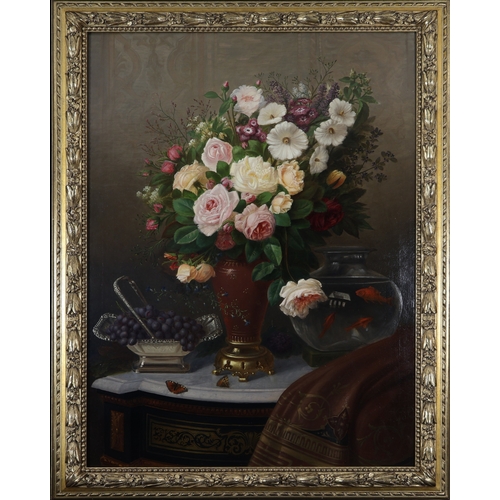 486 - A Large 19th Century Still Life Painting of a Fishbowl With Grapes Blooms and Butterflies on a Ledge... 