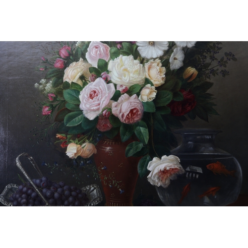 486 - A Large 19th Century Still Life Painting of a Fishbowl With Grapes Blooms and Butterflies on a Ledge... 