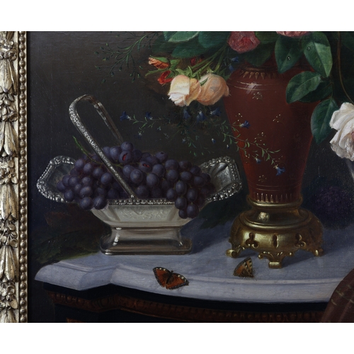 486 - A Large 19th Century Still Life Painting of a Fishbowl With Grapes Blooms and Butterflies on a Ledge... 