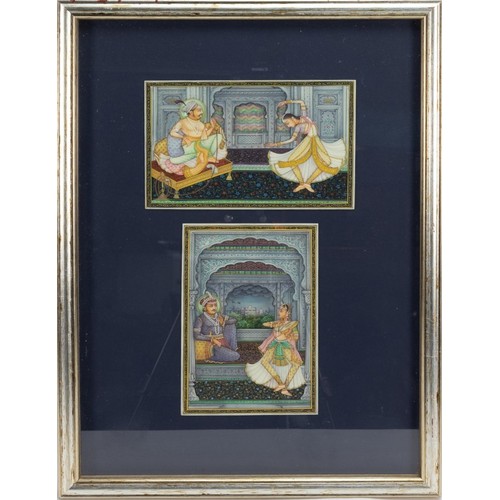 410 - A Lot of 2 Indian Mughal Style Miniature Paintings in a Frame Depicting 2 People Dancing.

Approxima... 