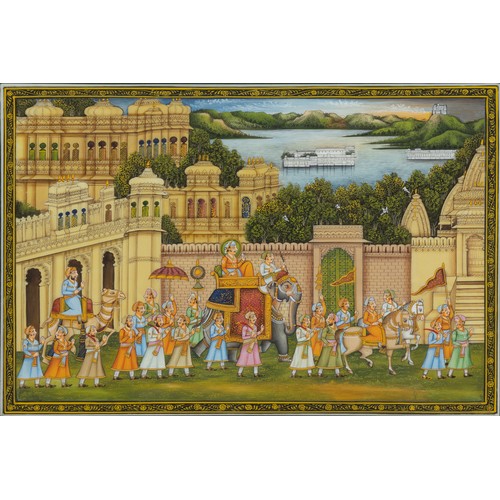 411 - An Indian Mughal Style Miniature Painting on a Green Background Depicting a Wedding Scene.

Approxim... 