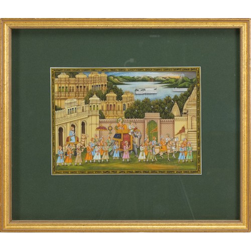 411 - An Indian Mughal Style Miniature Painting on a Green Background Depicting a Wedding Scene.

Approxim... 