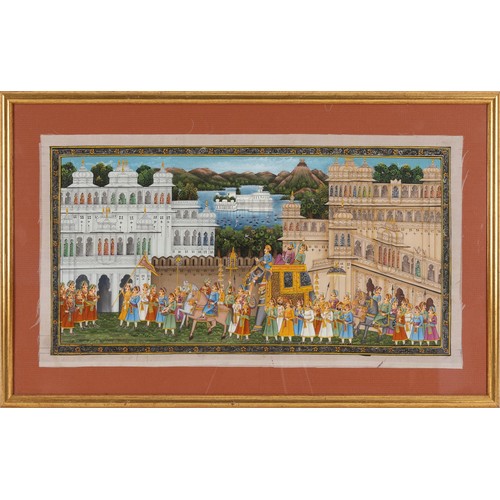 412 - An Indian Mughal Style Painting on Silk Depicting a Wedding Scene.

Approximately 44x23.5cm