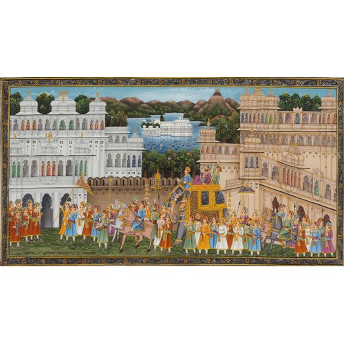 412 - An Indian Mughal Style Painting on Silk Depicting a Wedding Scene.

Approximately 44x23.5cm