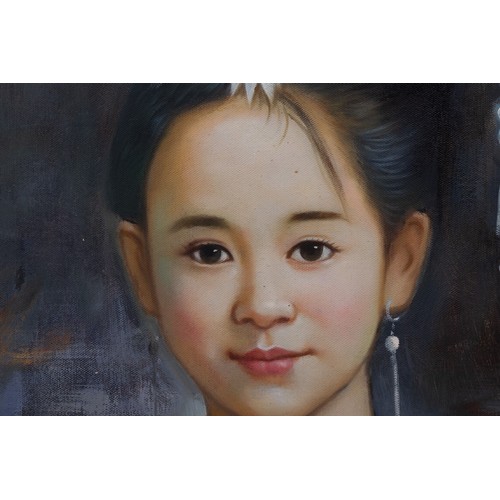 489 - A Chinese Signed Oil Painting on Fabric Depicting a Woman in Traditional Clothing from the 20th Cent... 