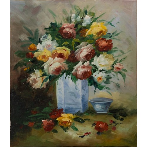 490 - A Chinese Oil Painting on Fabric Depicting a Vase of Flowers.

Approximately 63x53cm