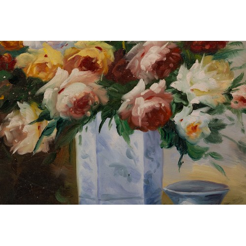 490 - A Chinese Oil Painting on Fabric Depicting a Vase of Flowers.

Approximately 63x53cm