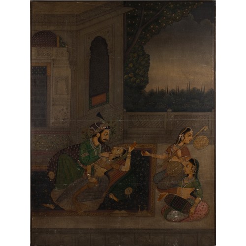 491 - A Large Indian Mughal Style Painting on Fabric Depicting 3 Women and a Man.

Approximately 114x84cm