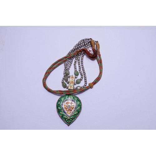 421 - An Indian Gold Pearl Enamel Pendant Necklace with Jade Beads.

L: Approximately 50cm