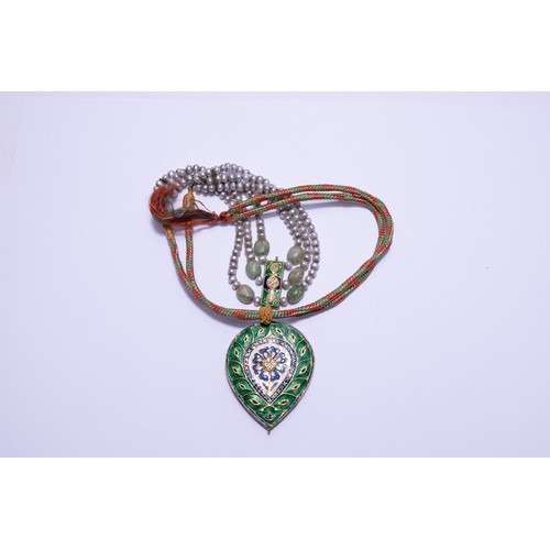 421 - An Indian Gold Pearl Enamel Pendant Necklace with Jade Beads.

L: Approximately 50cm