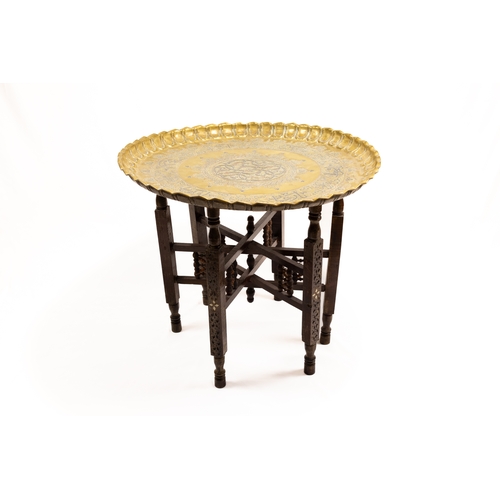 333 - An Islamic Brass Table with Silver and Copper Inlay & a Wooden Stand with Lovely Carvings Decorated ... 