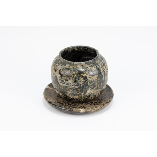 274 - A Middle Eastern Stone Saucer and Pot with Intricate Carving of Inscriptions and Animals.

H: Approx... 