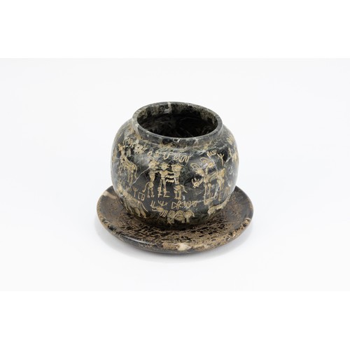 274 - A Middle Eastern Stone Saucer and Pot with Intricate Carving of Inscriptions and Animals.

H: Approx... 