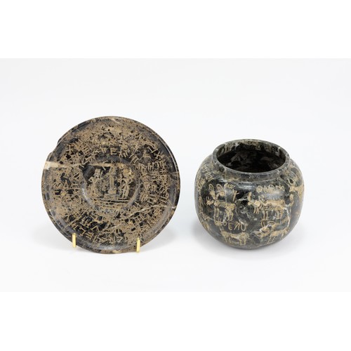 274 - A Middle Eastern Stone Saucer and Pot with Intricate Carving of Inscriptions and Animals.

H: Approx... 